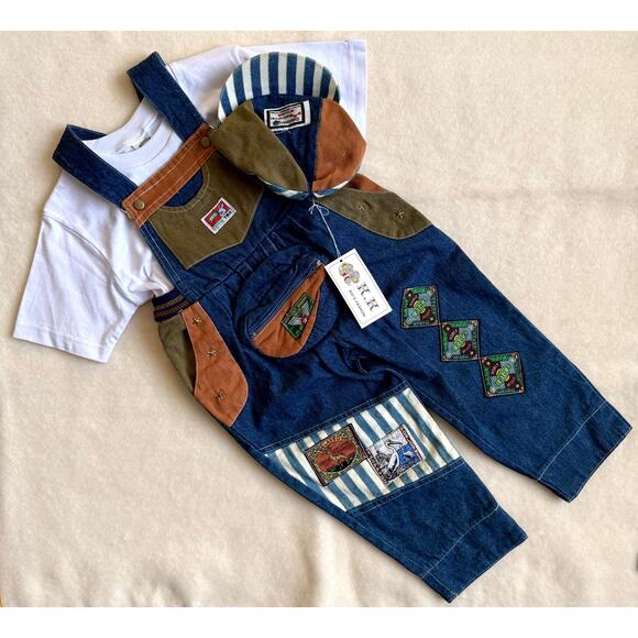 Vintage K.K. Kid's Fashion 3-Piece Overall Set Unisex 3T Blue Denim Patchworks - Picture 1 of 14